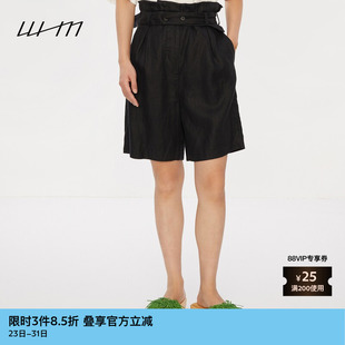 素然WHM 女士复古人字纹亚麻宽松收腰高腰花苞短裤