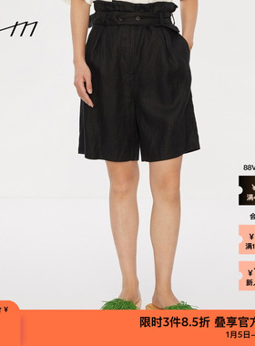 素然WHM 女士复古人字纹亚麻宽松收腰高腰花苞短裤