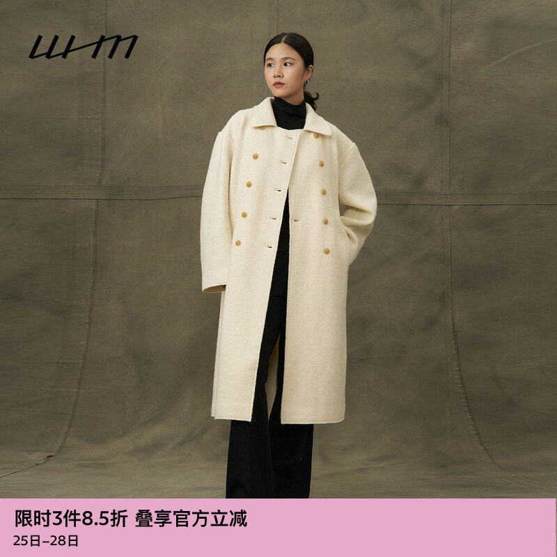 WHM纹理针织呢双排扣翻领大衣