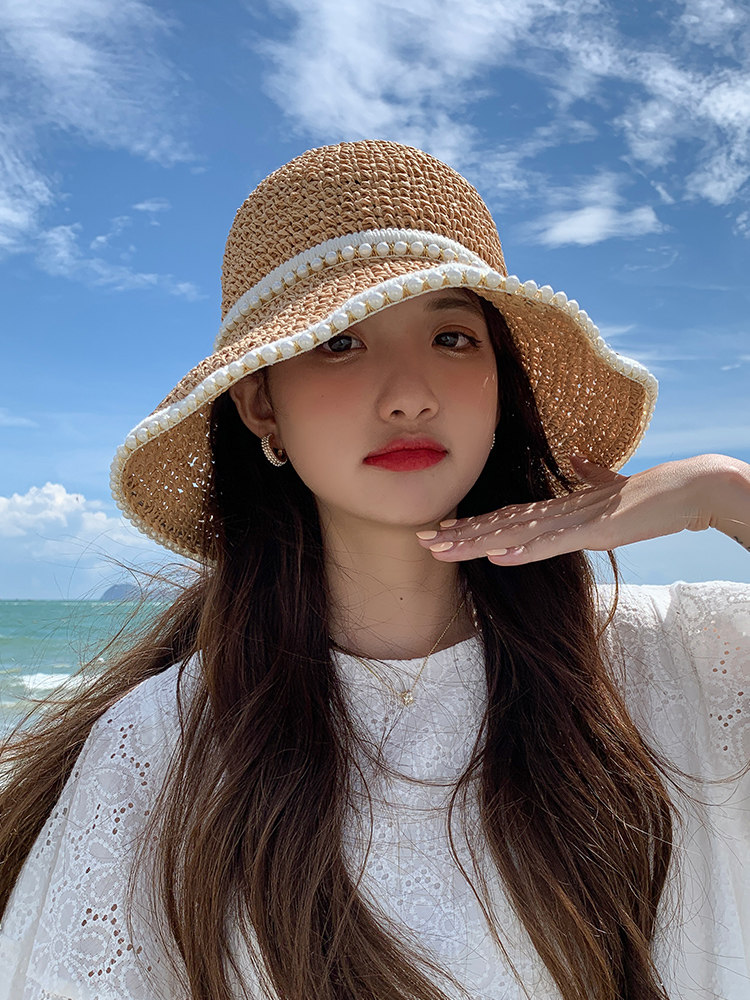 帽子女编织珍珠草帽夏季薄款遮阳防晒海边沙滩显脸小渔夫太阳帽凉