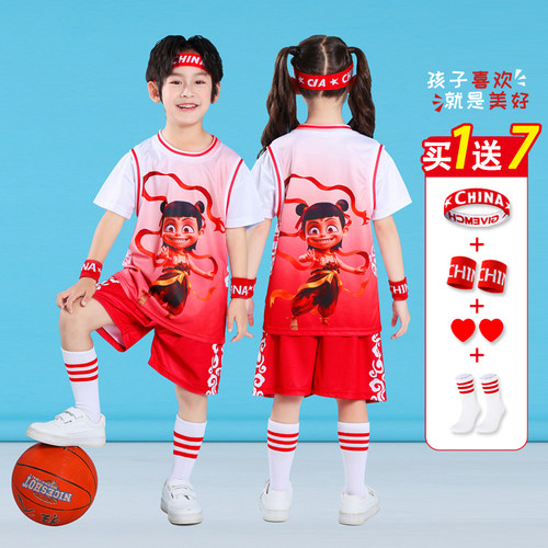 哪吒同款速干短袖T恤男童套装童装儿童篮球服电影哪吒2夏季上衣潮