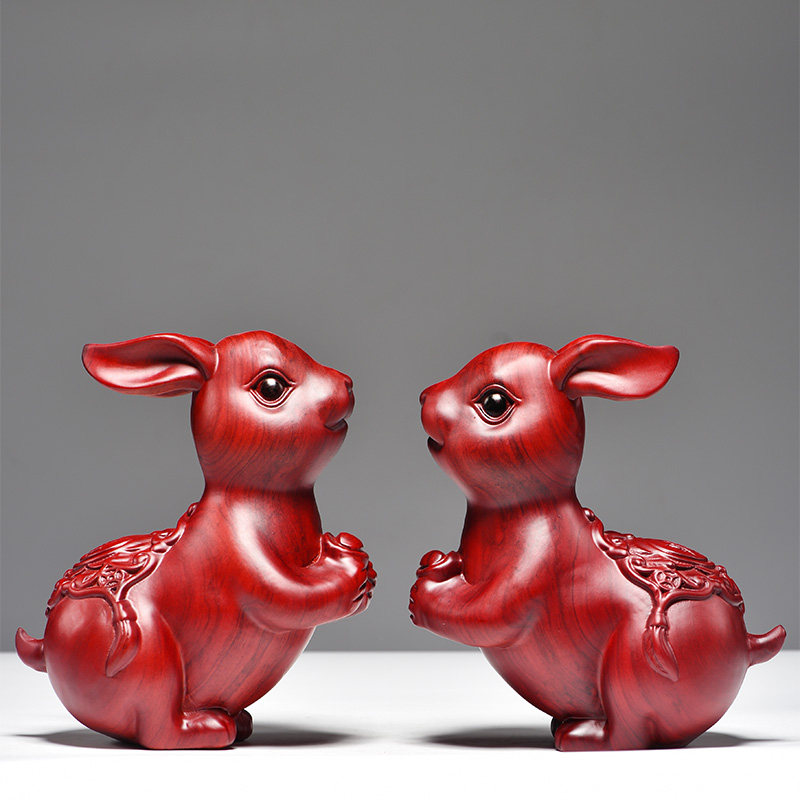 红花梨木雕兔子摆件十二生肖红色木兔实木头工艺品家居客厅装饰品