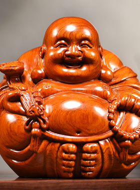 花梨实木质弥勒佛像摆件如意坐莲笑佛雕刻家居客厅装饰送礼工艺品