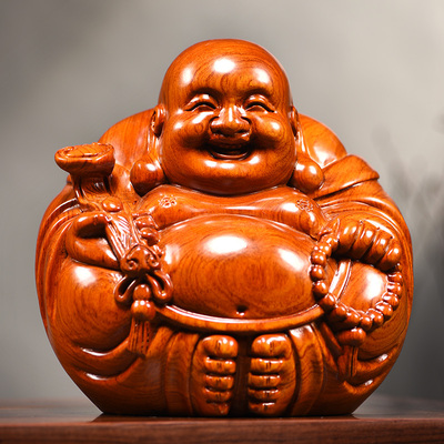 花梨实木质弥勒佛像摆件如意坐莲笑佛雕刻家居客厅装饰送礼工艺品