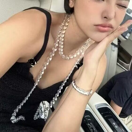马总张悦儿同款白水晶长款串珠项链女简约透明轻奢高级感腰链