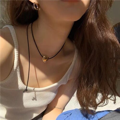 fever同款金色爱心黑绳项链女