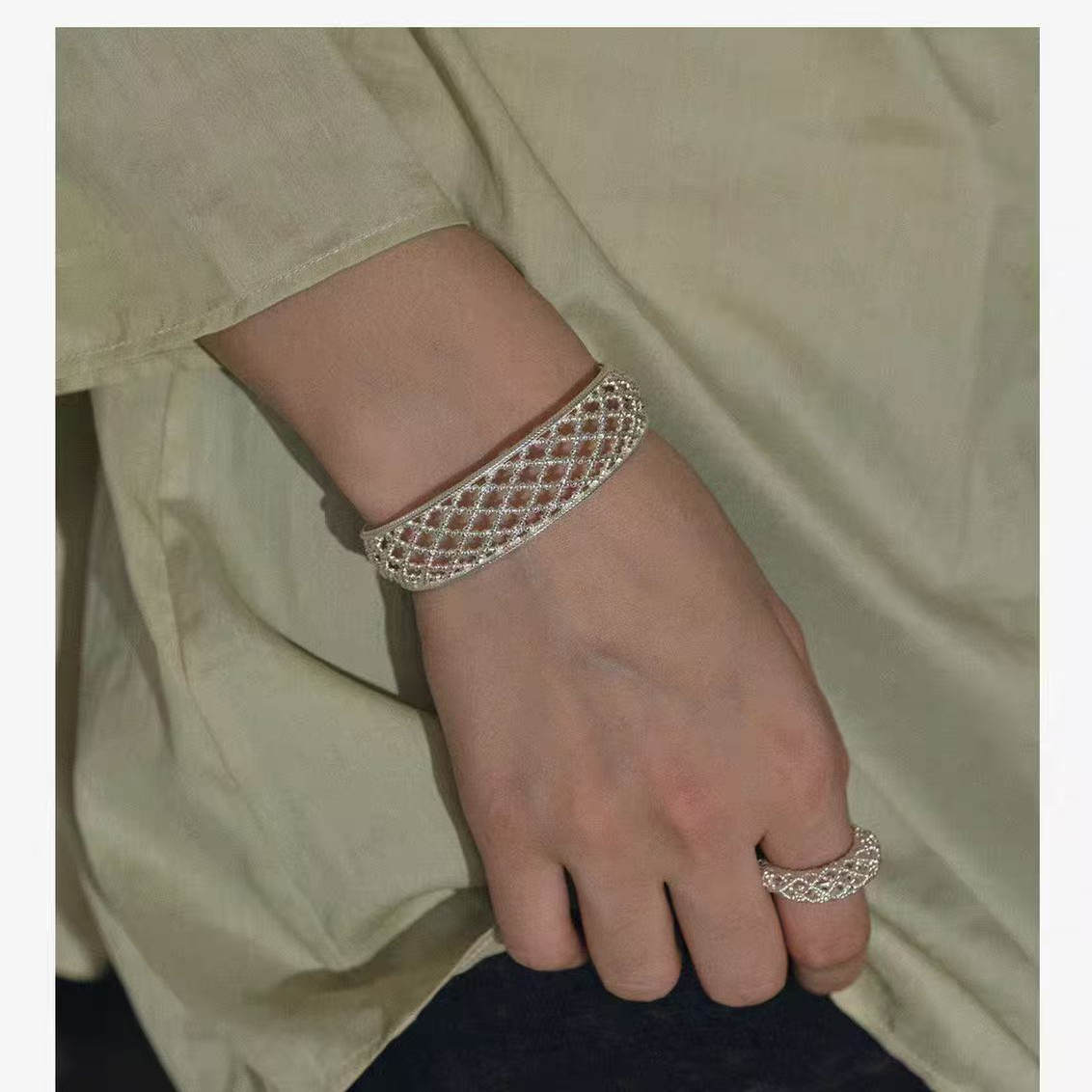 轻奢编织网格戒指女开口可调节