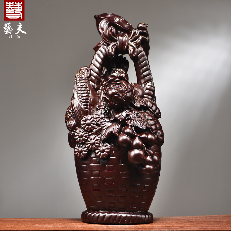 黑檀木雕大丰收花篮摆件实木装饰