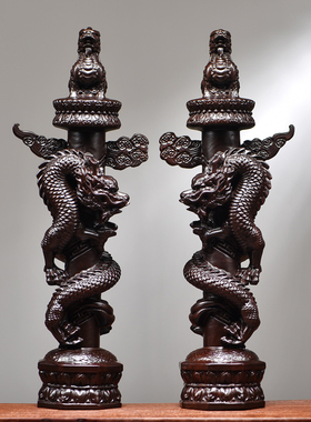 黑檀木雕华表柱摆件实木九龙柱