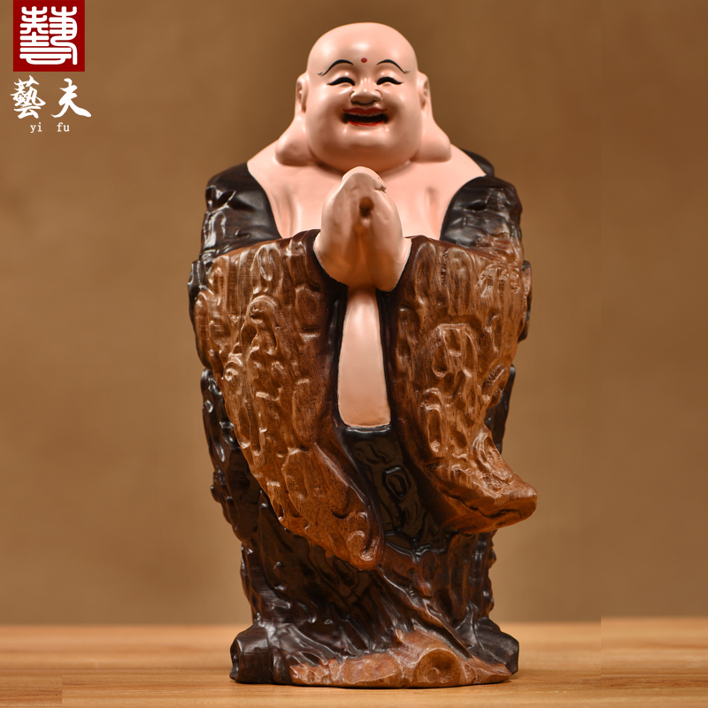 黑檀实木雕刻彩绘弥勒佛像摆件新中式笑佛客厅玄关公司柜台装饰品