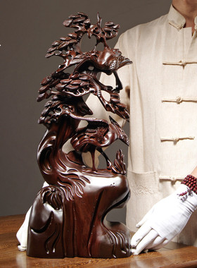 黑檀木松鹤延年根雕贺寿工艺品