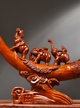 花梨木雕象牙摆件实木大象装饰