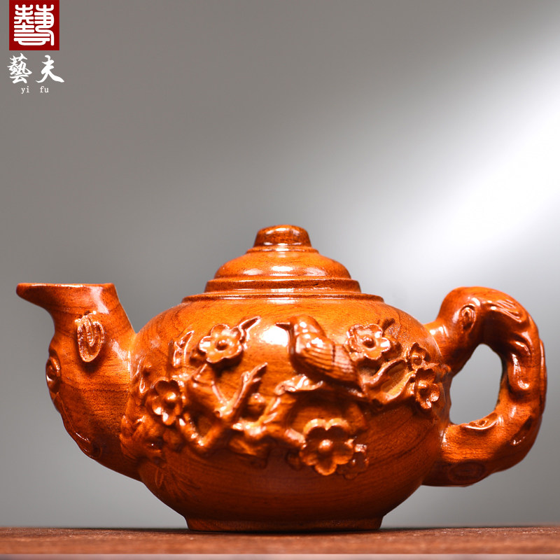 花梨木雕茶壶摆件实木喜上眉梢