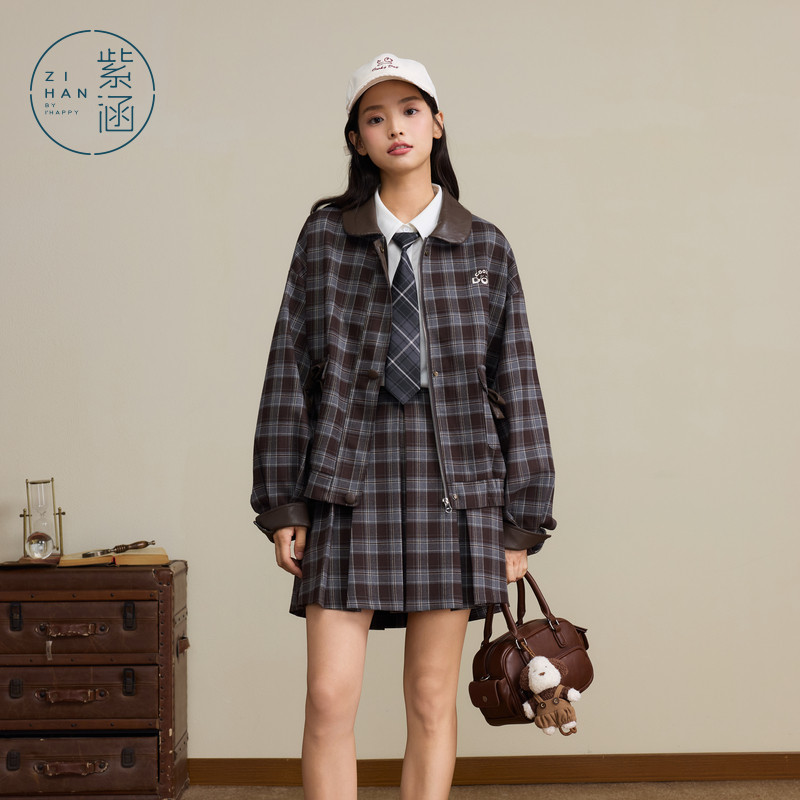 紫涵复古学院风咖格夹克外套百褶短裙上下套装裙女2025年秋季新款