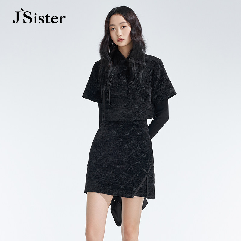 jsister 冬装专柜JS女装时尚黑色国潮风套装 S345216470