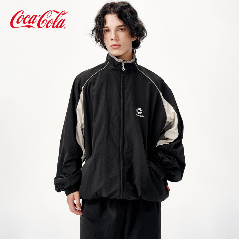 Coca-Cola/可口可乐双织带条纹撞色字母刺绣网眼里布立领外套夹克