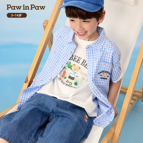 PawinPaw卡通小熊童装26年夏季款男童蓝白格纹衬衫宽松