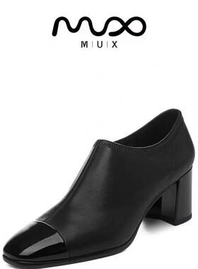MUX迈思2024秋冬知性粗跟单鞋圆头漆皮拼接一脚蹬女鞋82122