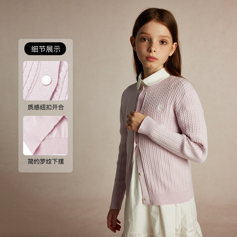 eland kids童装女童针织开衫2024甜美学院风圆领毛衣EKCKE4926A