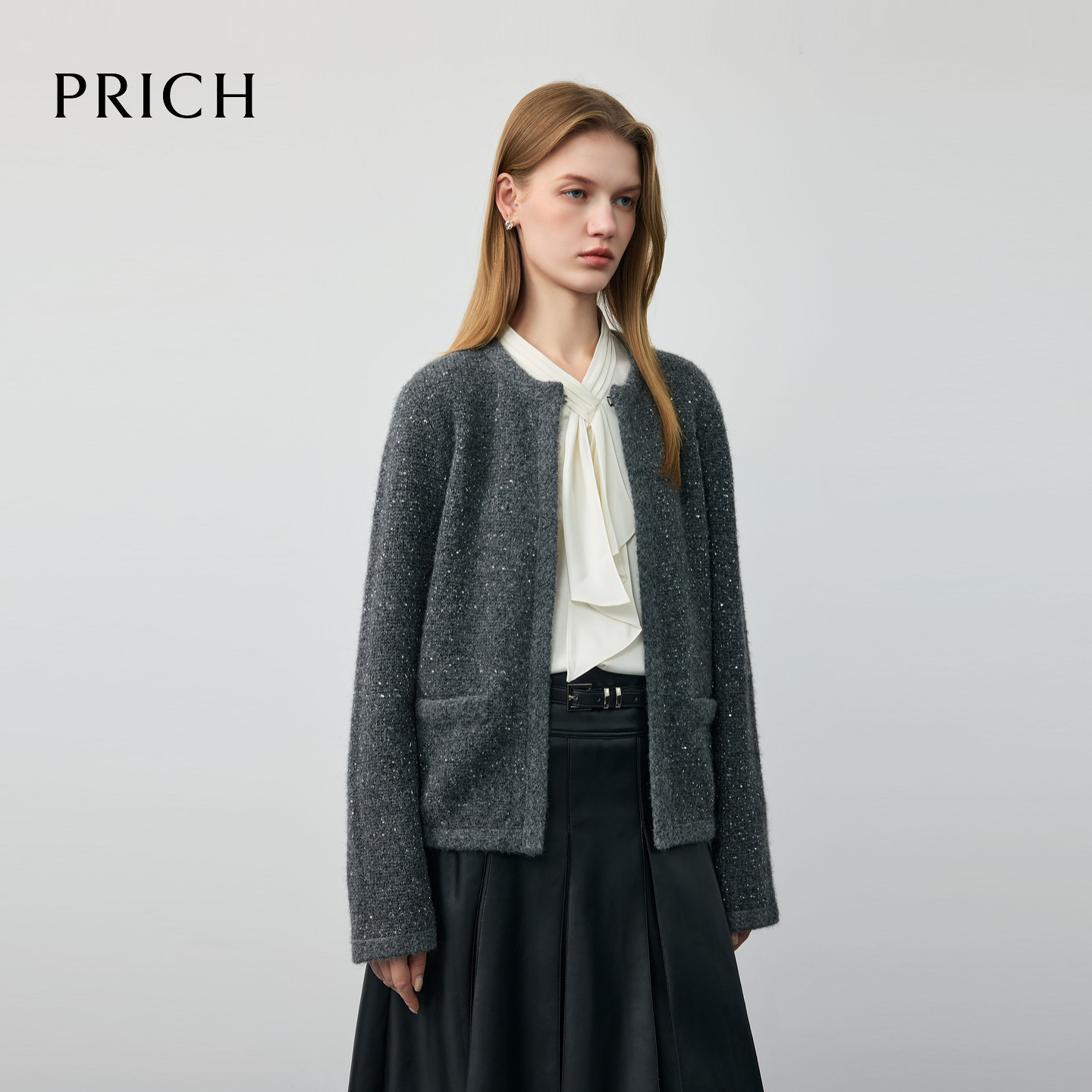 PRICH简约格雷系灰色圆领亮片针织开衫2026春季宽松毛衣女