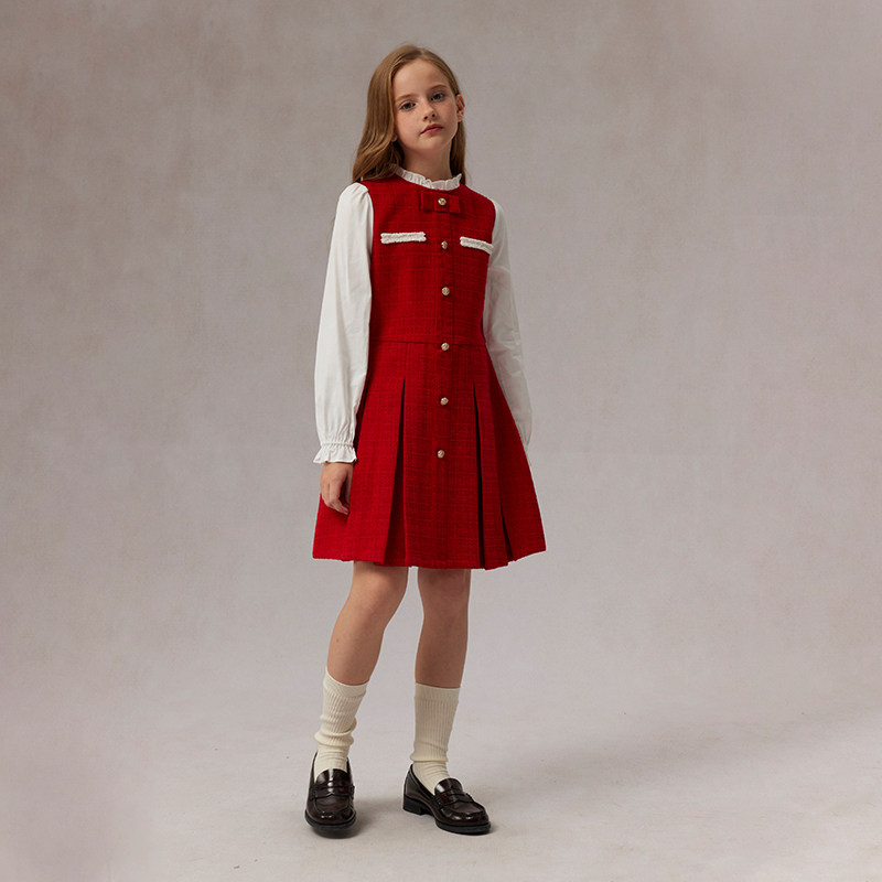 eland kids衣恋童装女童连衣裙2025年春季拼色花边领百褶裙子