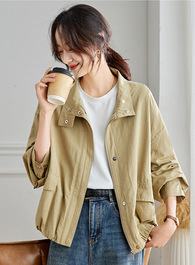 thankque纯色韩系设计感拉链磁吸扣子立领外套58035