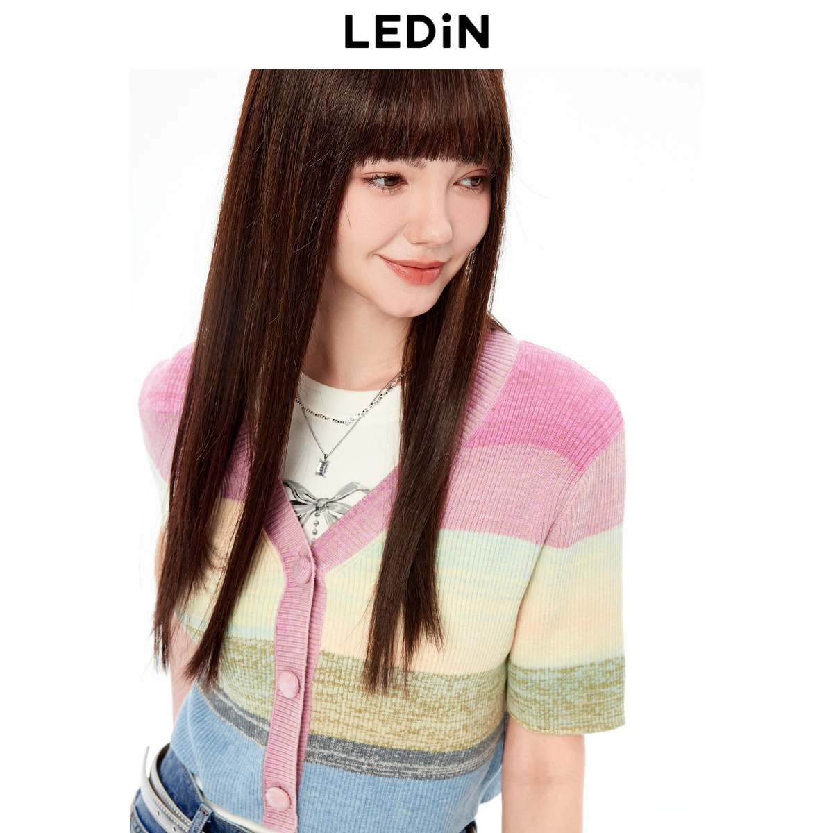 乐町彩色短袖线套衫针织衫24秋季上衣C1EEE3304