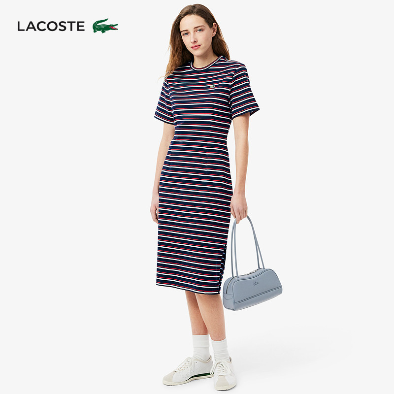 LACOSTE法国鳄鱼女装25春季新款时尚条纹短袖连衣裙|EF9628