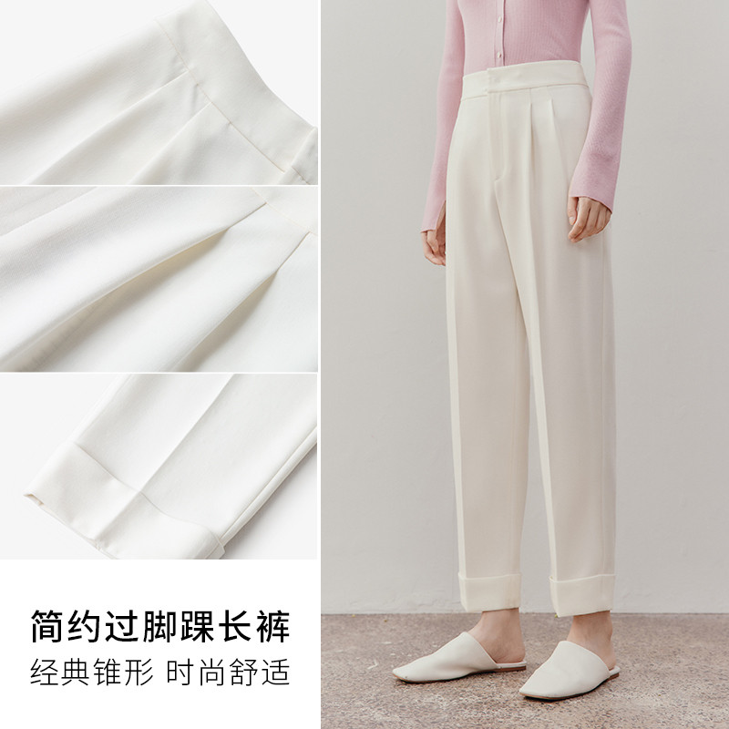 MM麦檬商场同款23春冰丝白色通勤时尚高腰直筒休闲裤女5E2250591图片