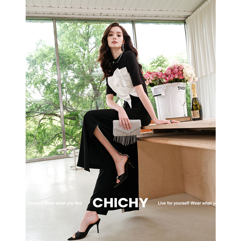CHICHY高级感花瓣连体裤女春季黑色高腰显瘦阔腿长裤CC6G002232