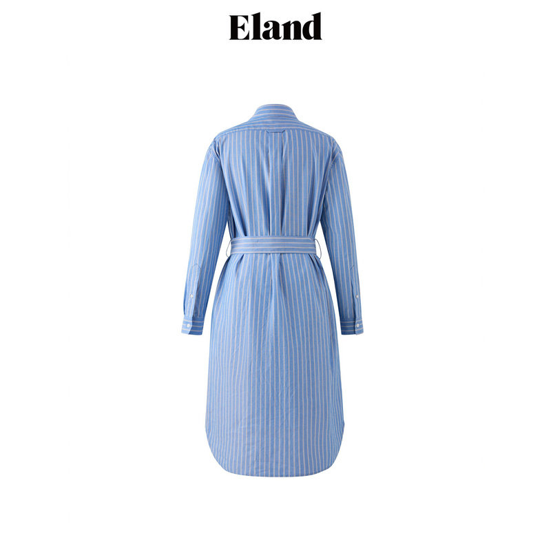 Eland连衣裙女蓝白撞色条纹系带长裙2025夏季