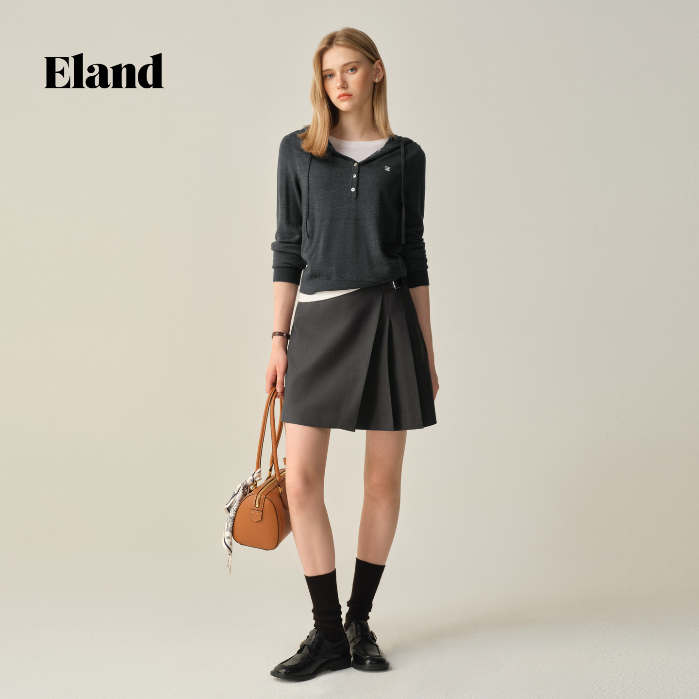 Eland毛衣女时尚假两件长袖连帽针织衫2025秋季新款EEKWF49M06