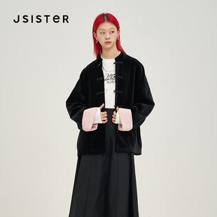 jsister 秋女装黑色丝绒新中式外套 S433207159