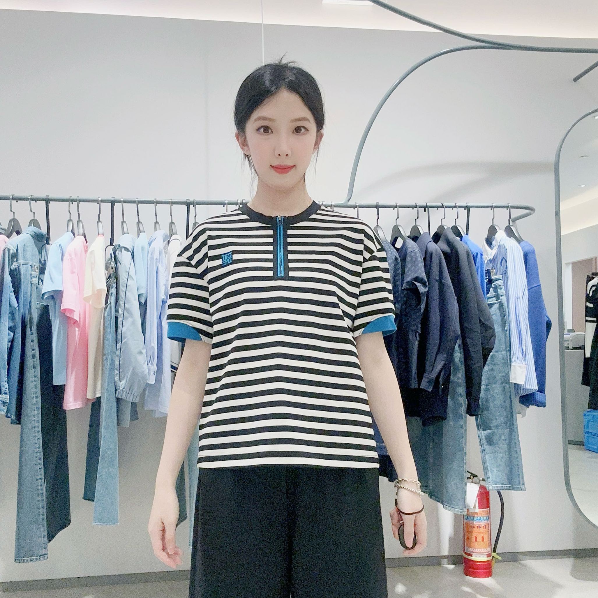 OTT女士时尚短袖半开襟条纹T恤OD53009143