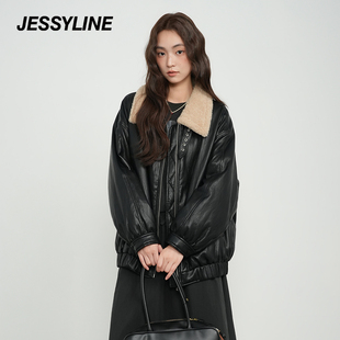杰茜莱2025冬季 黑色毛领亮面羽绒服女 时尚