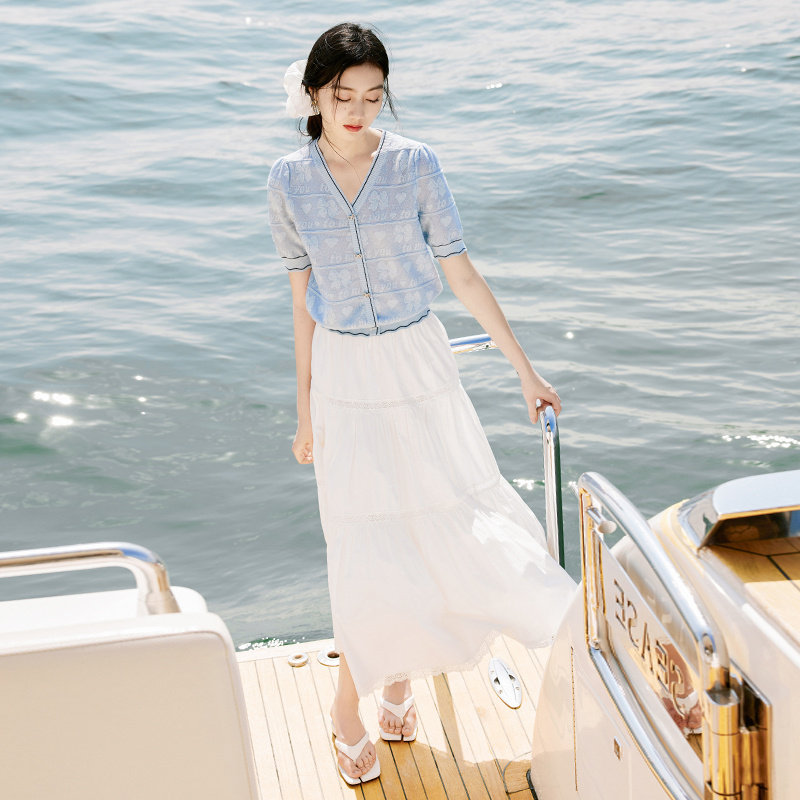 香影蓝色针织t恤女2005夏季 航海系小衫v领蝴蝶结正肩短袖上衣