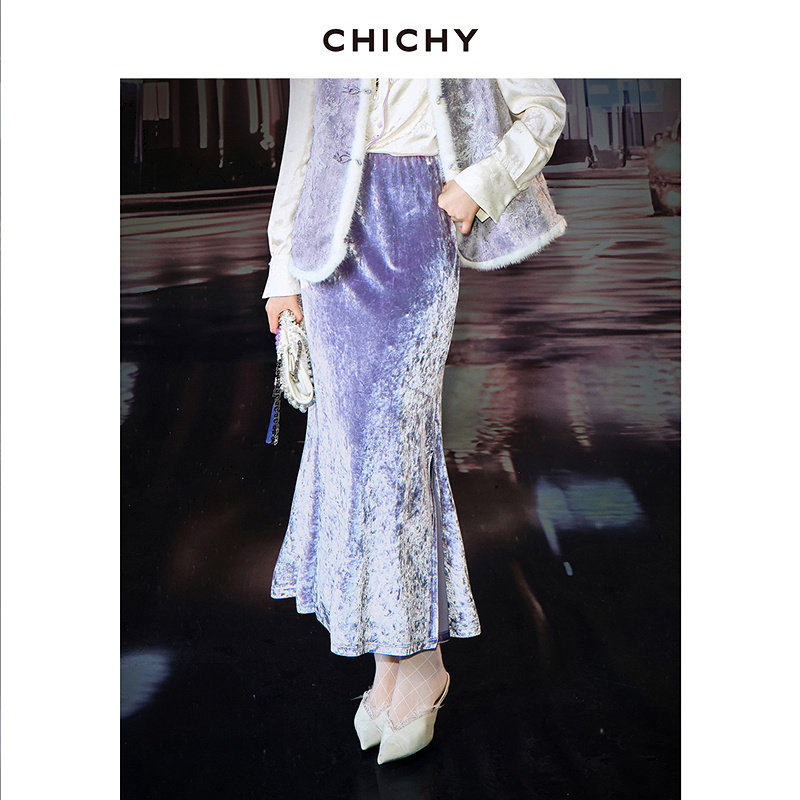 【新中式美学】CHICHY复古紫色高腰丝绒鱼尾半身裙CW5C005261