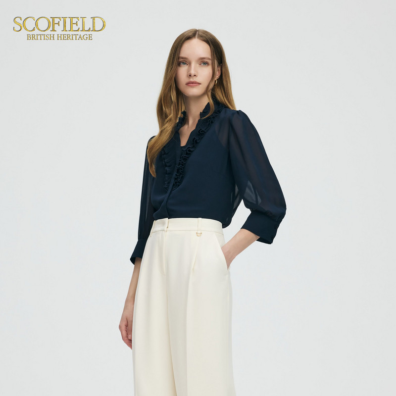 Scofield女装 衬衫V领荷叶边七分袖上衣