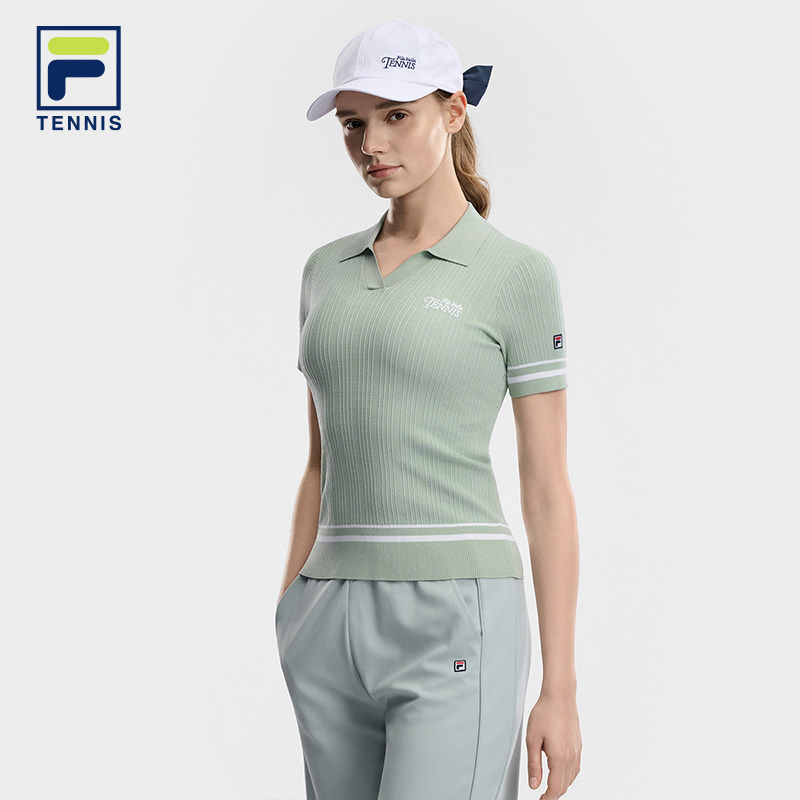 FILA 斐乐官方女子编织衫2026夏新款修身V领短袖上衣A11W623401F