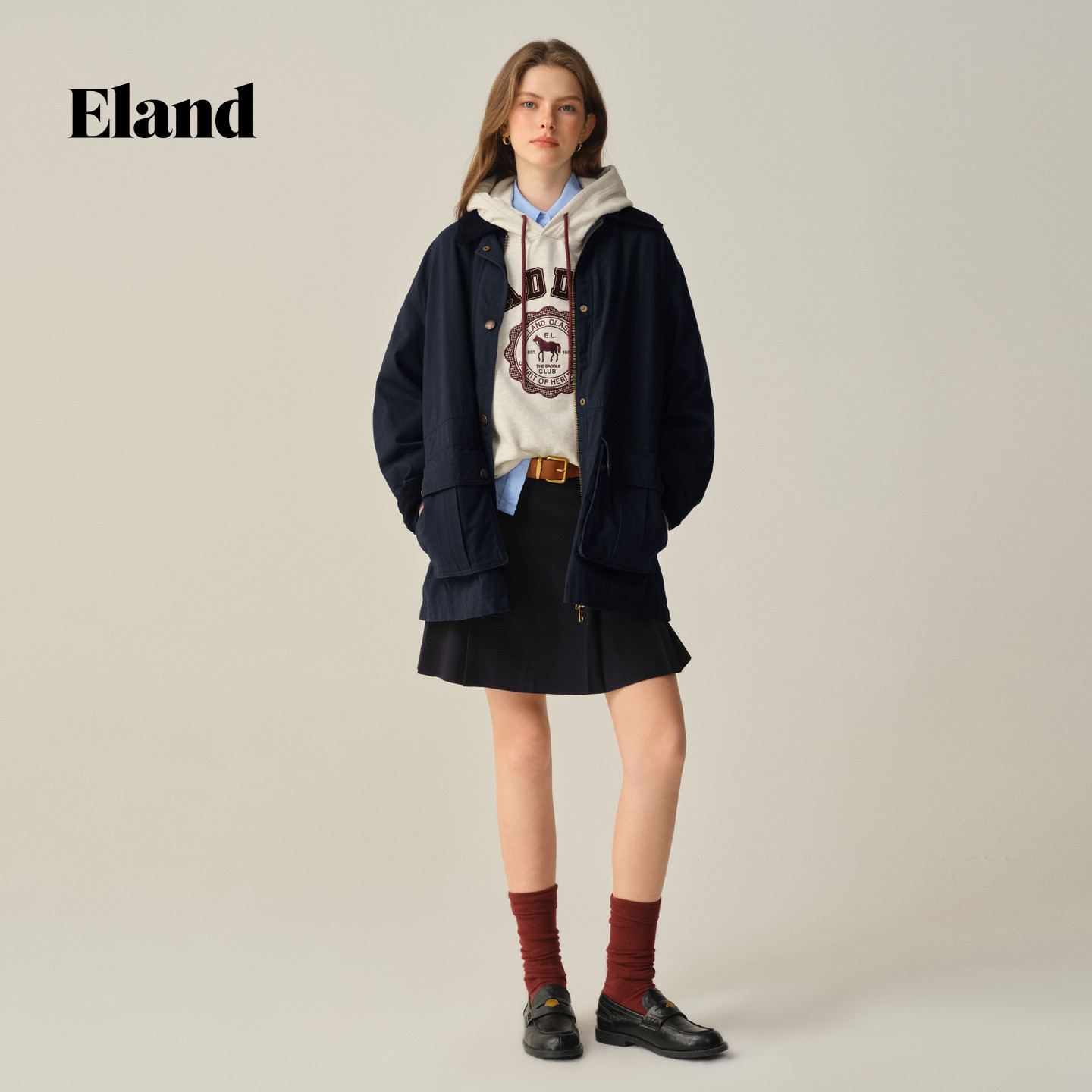 Eland短外套女长袖撞色翻领通勤外套