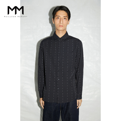 AM麦檬秋长袖简约设计黑色字母条纹衬衫男9C8220671
