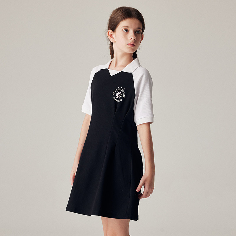 eland kids衣恋童装2024年女童撞色LOGO印花翻领连衣裙EKOME3725B