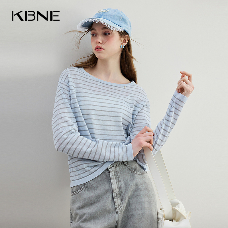 蓝色条纹长袖针织衫女装浅春系KBNE气质修身撞色上衣750319053