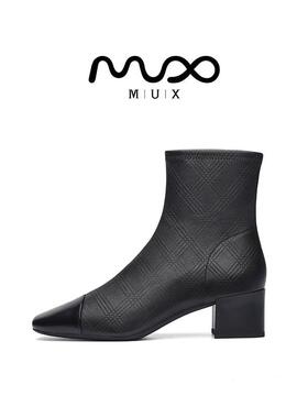 MUX迈思秋冬弹力菱格纹羊皮柔感双色靴专柜同款方头拉链短靴82049