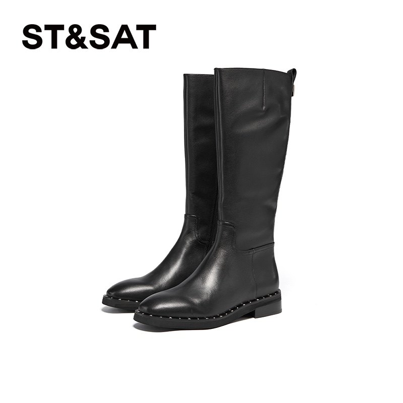 星期六冬新经典铆钉沿边长筒显瘦骑士靴SSC4117370,女鞋,骑士靴,淘宝优惠券,粉丝福利购,淘宝优惠卷