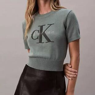 CK Jeans 25冬女士经典大标圆领针织纯棉短袖毛衣44E306G