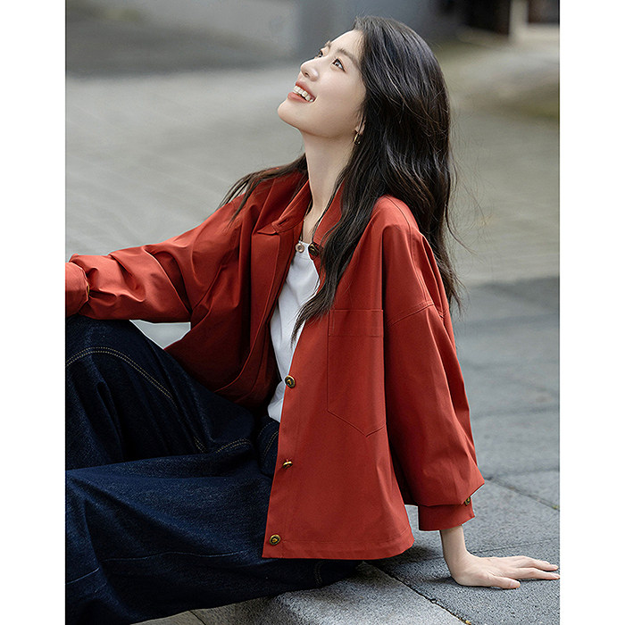 dme德玛纳小提花北欧棉轻户外翻领下摆抽皱女式外套G540320420005