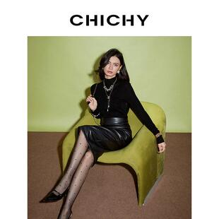 CHICHY高级洋气千金风针织衫女秋黑色显瘦修身长袖上衣CC0D009234