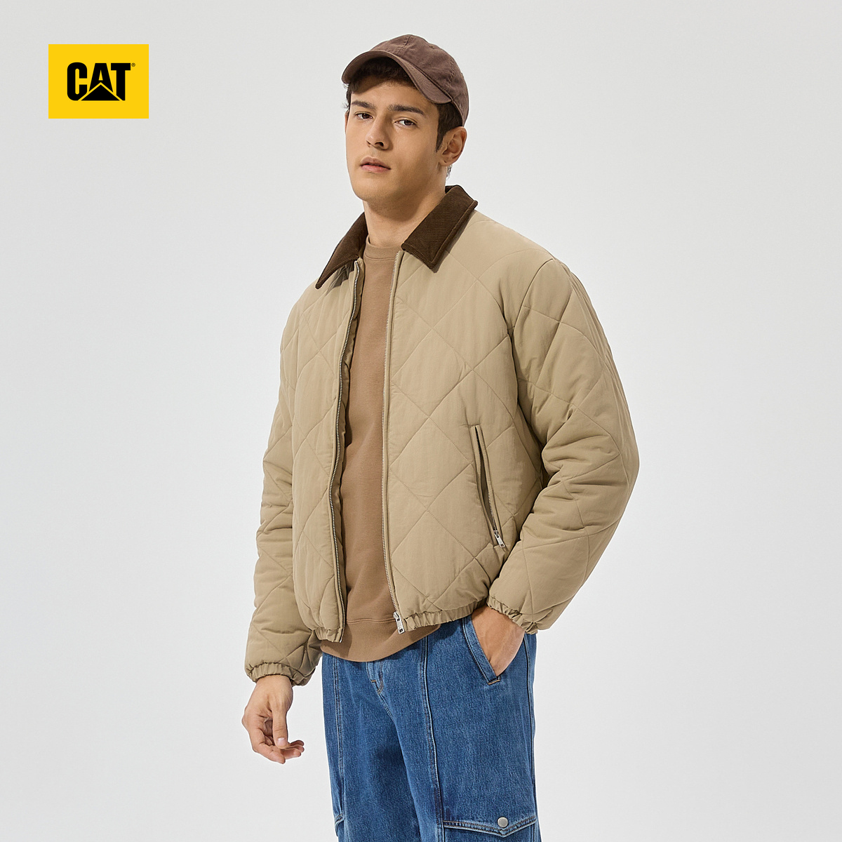 CAT卡特男女同款工装风菱形格短款翻领情侣棉服CN3QJU41031