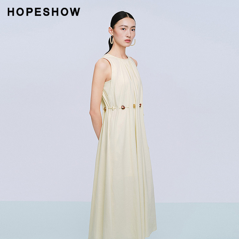 红袖商场同款HOPESHOW2025夏新款撞色串珠系带捏褶无袖中长连衣裙图片